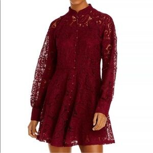 NWT AQUA Lace Button Front Long Sleeve Mock Neck Mini Dress Burgundy Size Small